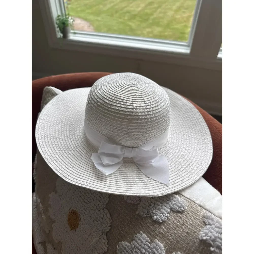 Janie and Jack Girls White Straw Sun Hat Bow Accent Size 2T To 3 Toddlers Easter